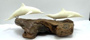 John Perry 2 Dolphins Figurine Resin Wood Base Signed Marine Animals
